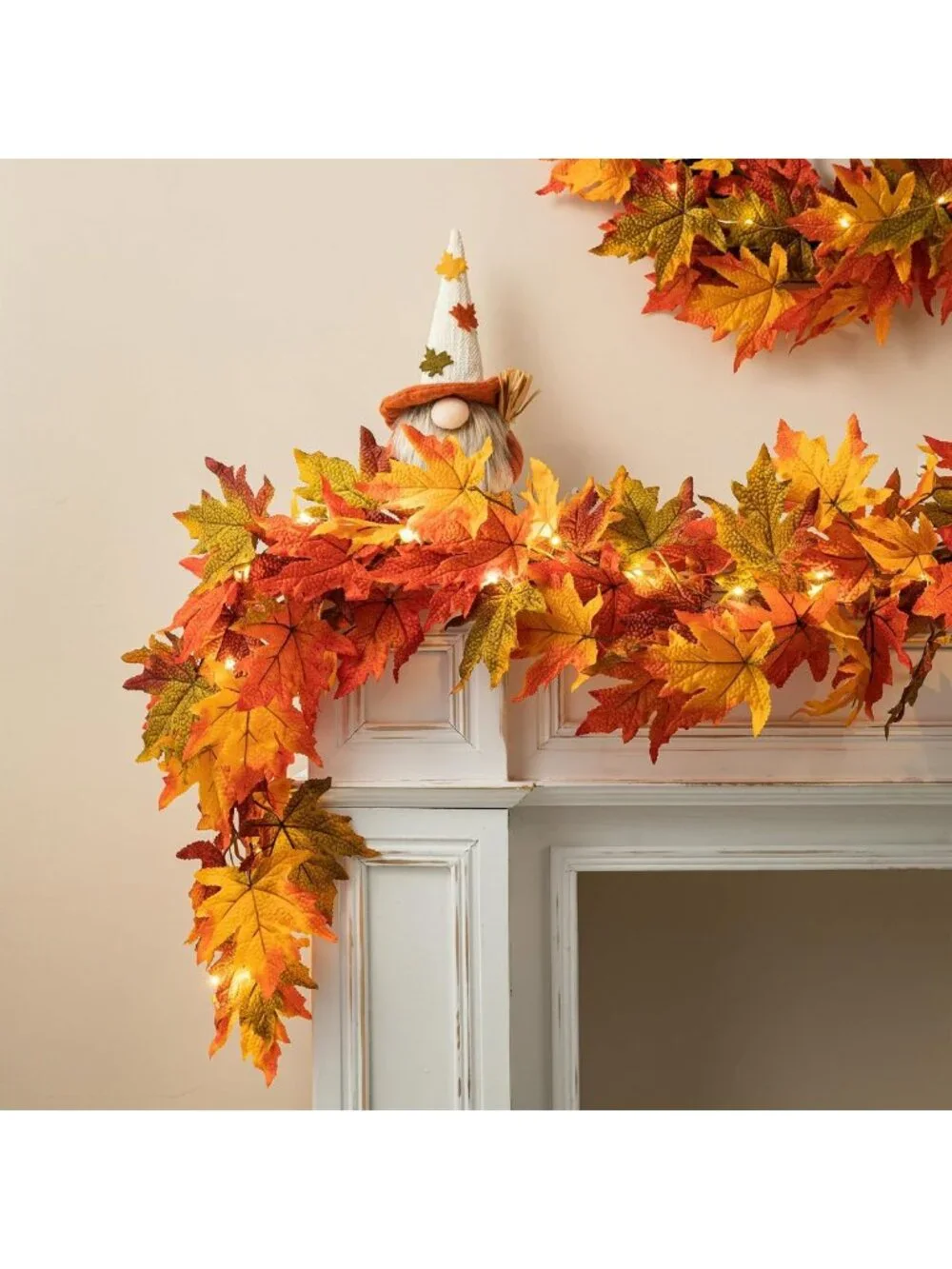 2Pcs Fall Maple Leaves Garland with Timer & Lights - Autumn Thanksgiving Decor